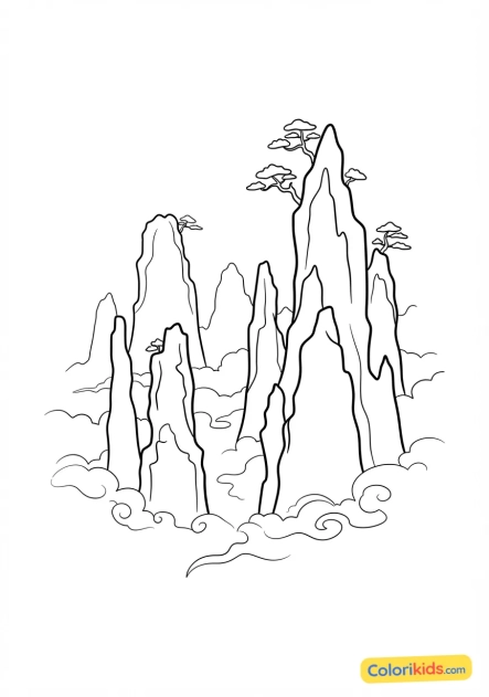 Ausmalbild zum Ausdrucken: mystischer Nebel umhüllt die zackigen Gipfel der Zhangjiajie-Berge