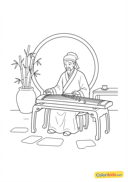 Coloriage à imprimer : vieil homme jouant du Guzheng (cithare traditionnelle) dans une cour intérieure paisible