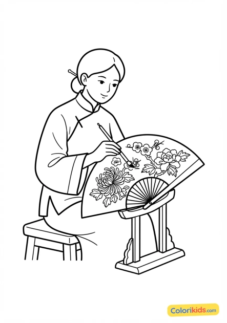 Coloriage à imprimer : artisan peintre appliquant des motifs floraux dorés sur un éventail en soie