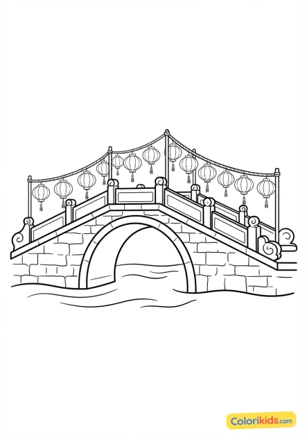 Coloriage à imprimer : lanternes rouges en papier suspendues le long d'un pont en pierre ancien