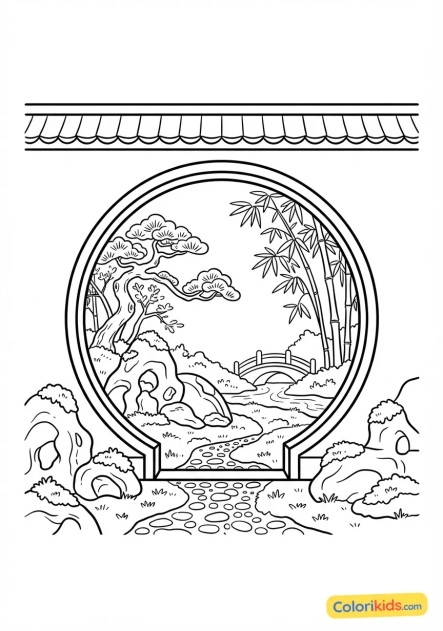 Coloriage à imprimer : porte ronde de lune (Moon Gate) ouvrant sur un paysage verdoyant de mousses et de roches