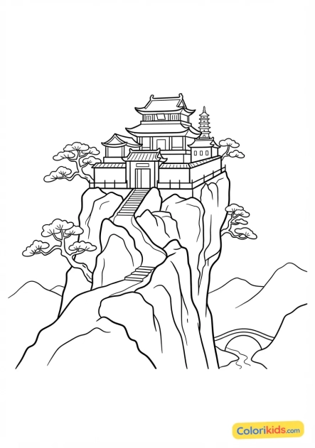 Coloriage à imprimer : sérénité d'un temple bouddhiste perché sur les falaises escarpées du mont Lu