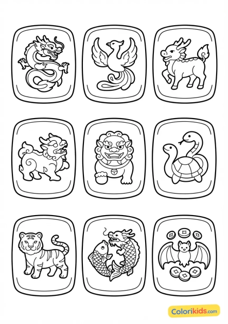 Coloriage à imprimer : petits pavés de jade sculptés représentant des animaux mythologiques de bon augure