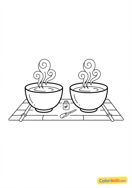 Coloriage à imprimer : petits bols en céramique céladon remplis de thé vert fumant sur une natte de bambou