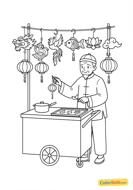 Coloriage à imprimer : marchand ambulant vendant des lanternes de sucre soufflé sculptées à la main