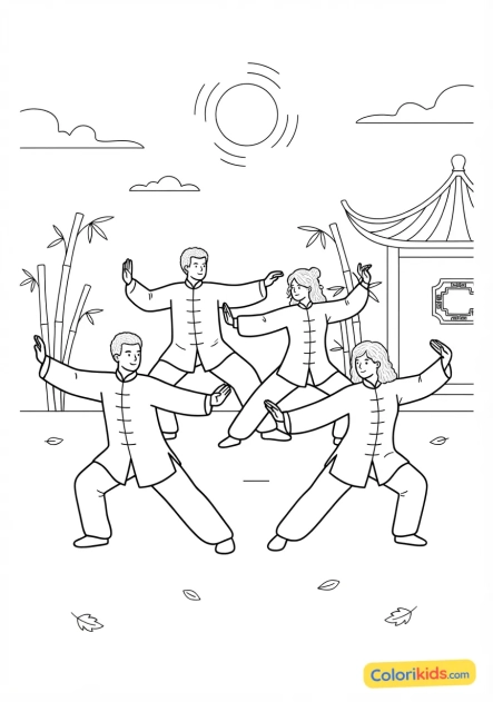 Coloriage à imprimer : pratiquants de Tai Chi effectuant des mouvements fluides dans un parc au lever du jour