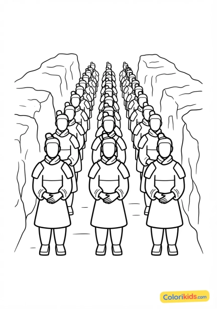 Coloriage à imprimer : guerriers en terre cuite alignés dans la pénombre mystérieuse d'une fosse archéologique