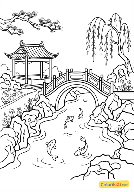 Coloriage à imprimer : jardin chinois traditionnel avec rocailles, bassins de carpes koi et ponts en arc