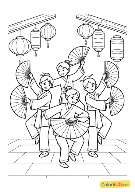 Coloriage à imprimer : danse traditionnelle des éventails colorés exécutée sous les lanternes du Nouvel An