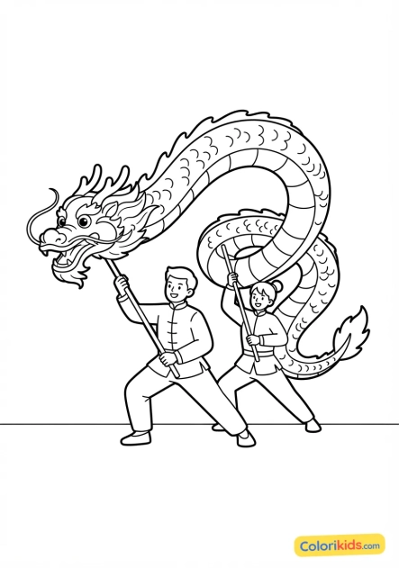 Coloriage à imprimer : danseurs traditionnels manipulant de grands dragons de soie colorée lors d'une fête