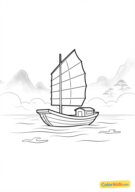 Coloriage à imprimer : bateau traditionnel à voile rouge naviguant sur les eaux brumeuses du fleuve Yangtsé