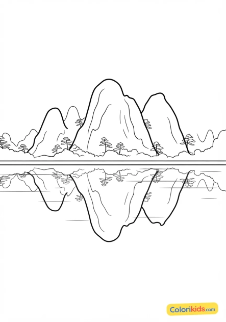 Printable coloring page: verdant karst mountains reflected in the calm waters of the Li River