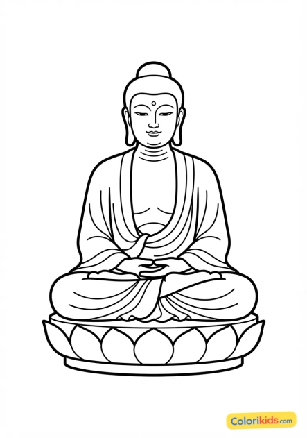 Coloriage à imprimer : sagesse et sérénité se dégageant d'une grande statue de Bouddha en bronze doré