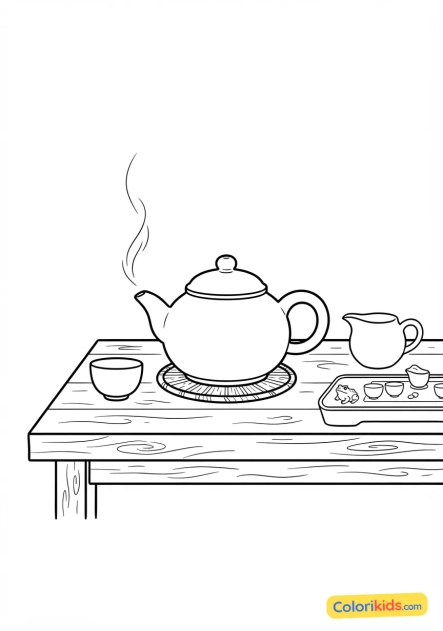 Coloriage à imprimer : théière en argile de Yixing posée sur une table en bois lors d'une cérémonie du thé