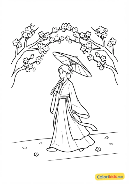 Coloriage à imprimer : jeune femme en longue robe traditionnelle Hanfu se promenant sous les cerisiers en fleurs