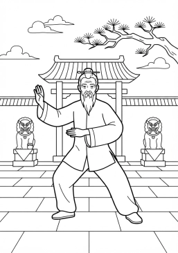 Voir le coloriage Sagesse ancestrale d'un vieux maître d'arts martiaux pratiquant dans la cour du temple