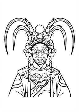 Voir le coloriage Opéra de Pékin : acteur coiffé d'un maquillage facial complexe et de plumes colorées