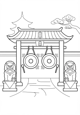 Voir le coloriage Gongs en bronze suspendus à l'entrée d'un monastère bouddhiste au son résonnant