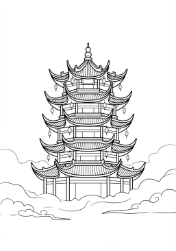 Voir le coloriage Toits recourbés d'une pagode ancestrale se dressant dans la brume matinale