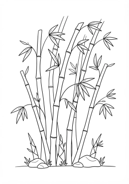 Voir le coloriage Bambous géants pliant doucement sous une légère brise dans une forêt isolée