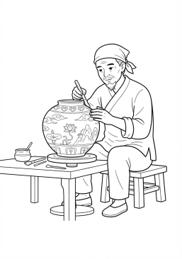 Voir le coloriage Artisan local façonnant délicatement un vase en porcelaine bleue et blanche
