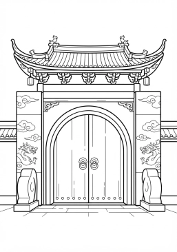 Voir le coloriage Porte monumentale en bois sculpté et laqué rouge marquant l'entrée d'un temple
