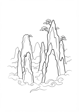 Voir le coloriage Brume mystique enveloppant les sommets découpés des montagnes de Zhangjiajie