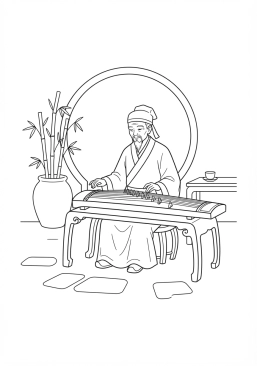 Voir le coloriage Vieil homme jouant du Guzheng (cithare traditionnelle) dans une cour intérieure paisible