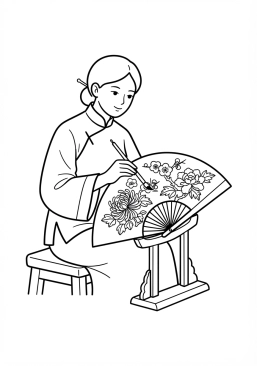 Voir le coloriage Artisan peintre appliquant des motifs floraux dorés sur un éventail en soie