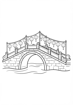 Voir le coloriage Lanternes rouges en papier suspendues le long d'un pont en pierre ancien