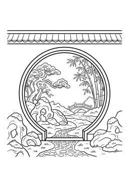 Voir le coloriage Porte ronde de lune (Moon Gate) ouvrant sur un paysage verdoyant de mousses et de roches