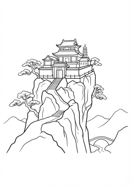 Voir le coloriage Sérénité d'un temple bouddhiste perché sur les falaises escarpées du mont Lu