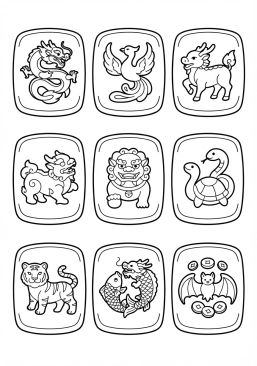 Voir le coloriage Petits pavés de jade sculptés représentant des animaux mythologiques de bon augure