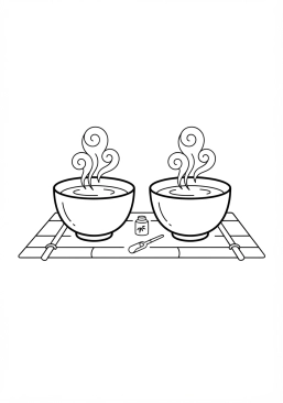 Voir le coloriage Petits bols en céramique céladon remplis de thé vert fumant sur une natte de bambou