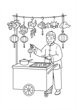 Voir le coloriage Marchand ambulant vendant des lanternes de sucre soufflé sculptées à la main