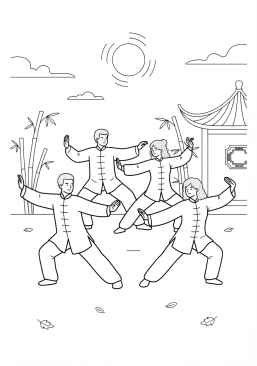 Voir le coloriage Pratiquants de Tai Chi effectuant des mouvements fluides dans un parc au lever du jour