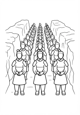 Voir le coloriage Guerriers en terre cuite alignés dans la pénombre mystérieuse d'une fosse archéologique