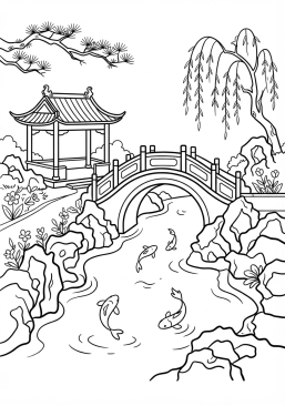 Voir le coloriage Jardin chinois traditionnel avec rocailles, bassins de carpes koi et ponts en arc