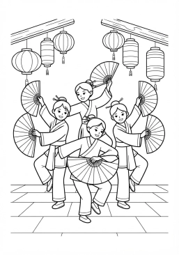 Voir le coloriage Danse traditionnelle des éventails colorés exécutée sous les lanternes du Nouvel An