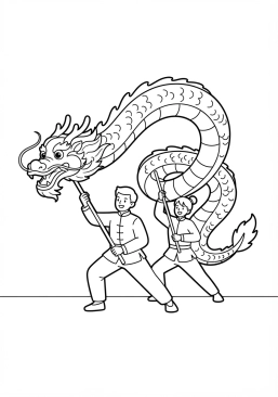 Voir le coloriage Danseurs traditionnels manipulant de grands dragons de soie colorée lors d'une fête