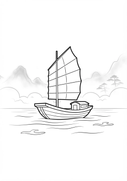 Voir le coloriage Bateau traditionnel à voile rouge naviguant sur les eaux brumeuses du fleuve Yangtsé
