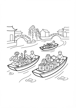 Voir le coloriage Marché flottant traditionnel de l'eau avec des barques chargées de lotus et de thé