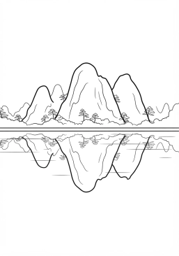 Voir le coloriage Montagnes karstiques verdoyantes se reflétant dans les eaux calmes de la rivière Li