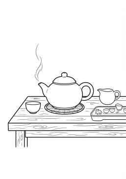 Voir le coloriage Théière en argile de Yixing posée sur une table en bois lors d'une cérémonie du thé