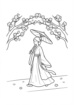 Voir le coloriage Jeune femme en longue robe traditionnelle Hanfu se promenant sous les cerisiers en fleurs