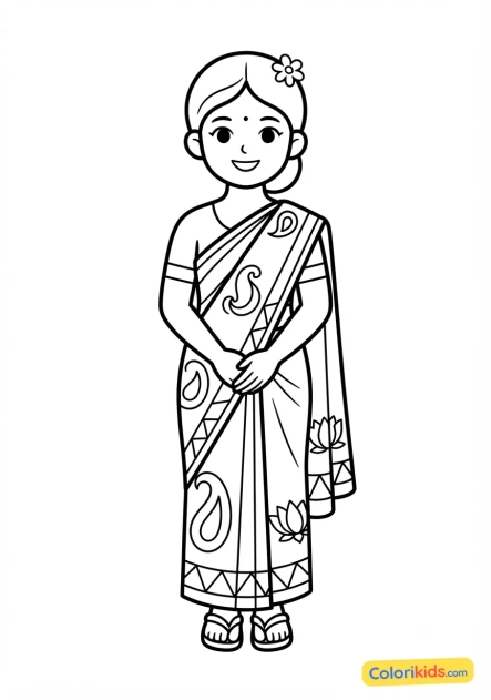 Coloriage à imprimer : sari indien traditionnel coloré