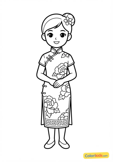 Coloriage à imprimer : cheongsam ou qipao traditionnel chinois