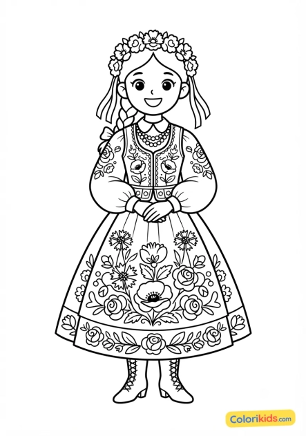 Coloriage à imprimer : costume traditionnel polonais fleuri