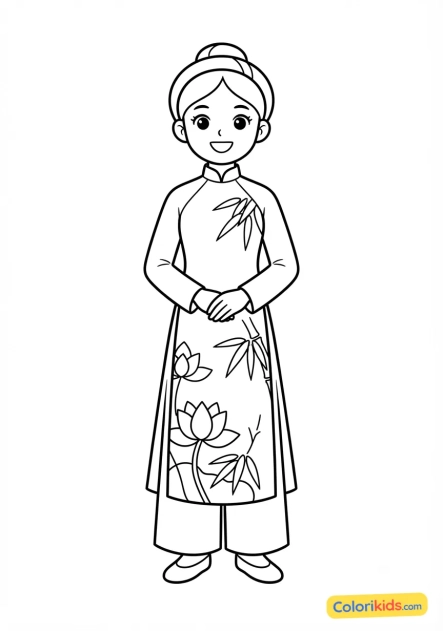 Coloriage à imprimer : costume traditionnel vietnamien ao dai