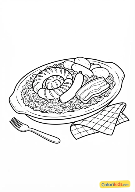 Ausmalbild zum Ausdrucken: elsässer Sauerkraut mit Fleisch